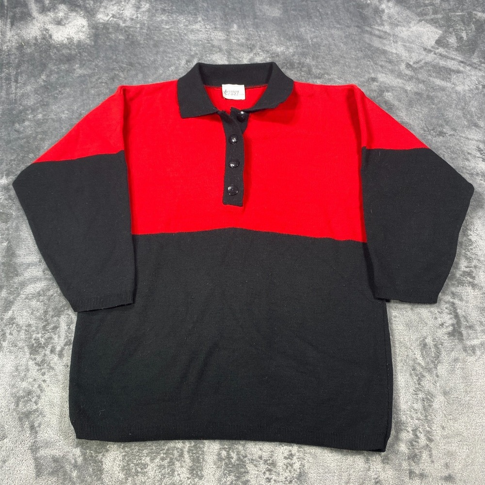 Vintage Knit Sweater Women Medium Red Black 80s 90s Colorblock Buttons Retro USA